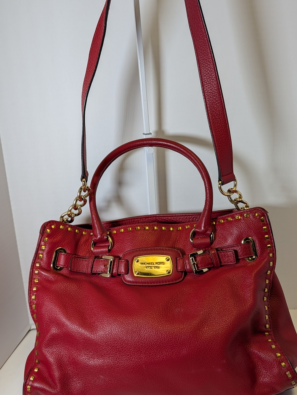 Michael Kors Red Leather Studded Satchel with Gold Accent Hardware